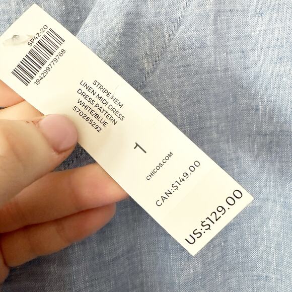 Chico’s Size 1 Sleeveless Stripe Hem Linen Tie Belt Midi Dress women’s size 8 - Picture 7 of 11